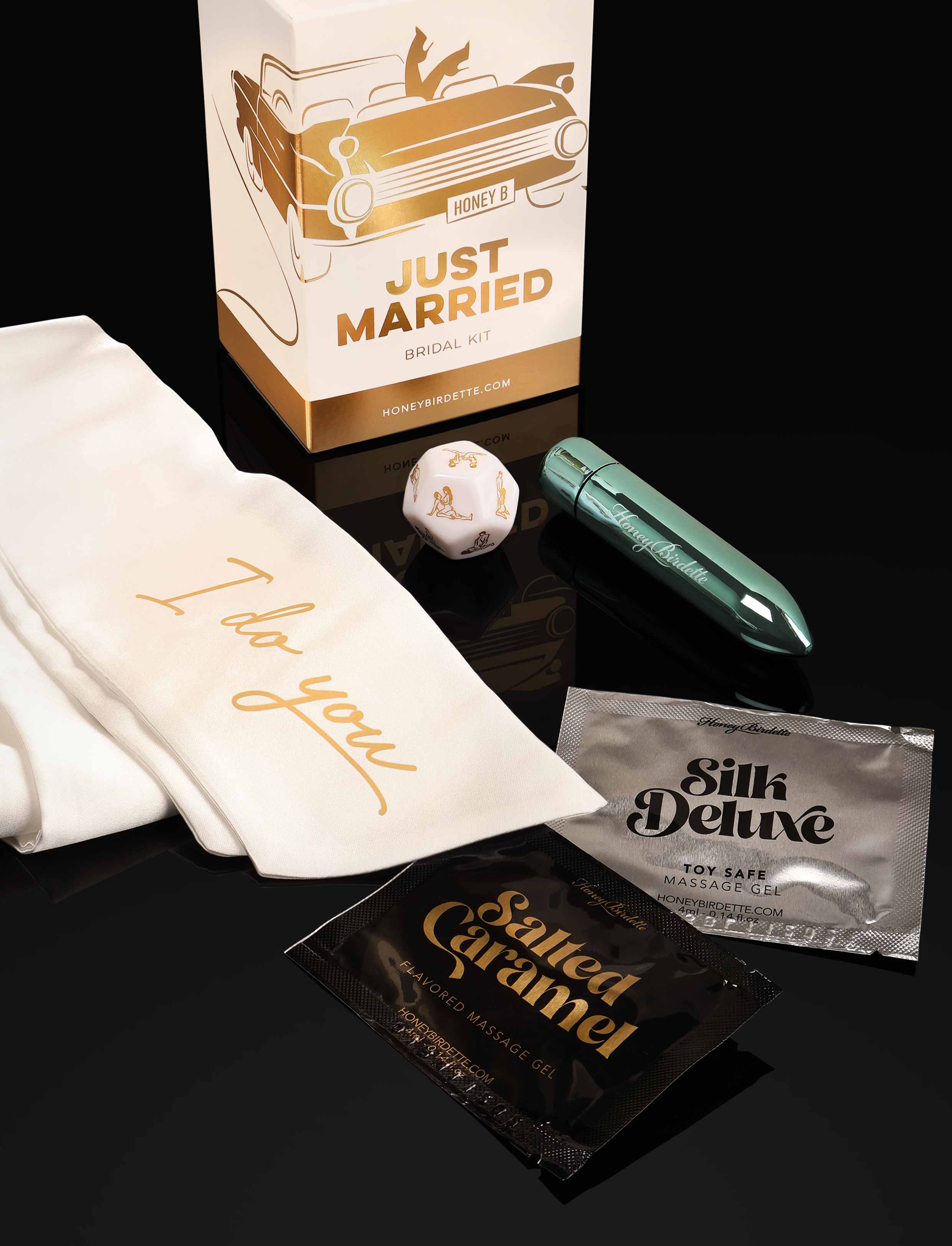 Just Married Kit with Bullet Vibe, Satin Binds and Position Die