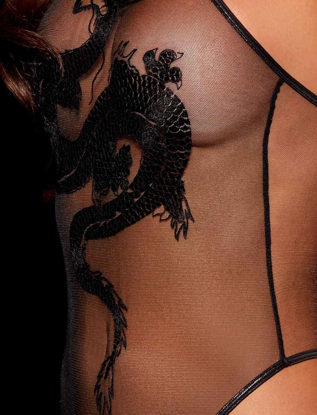 Onyx Dragon Bodysuit in Sheer Black Mesh