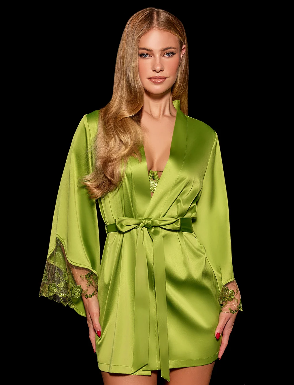 Whitney Chartreuse Short Satin Robe with Swiss-Designed Embroidery