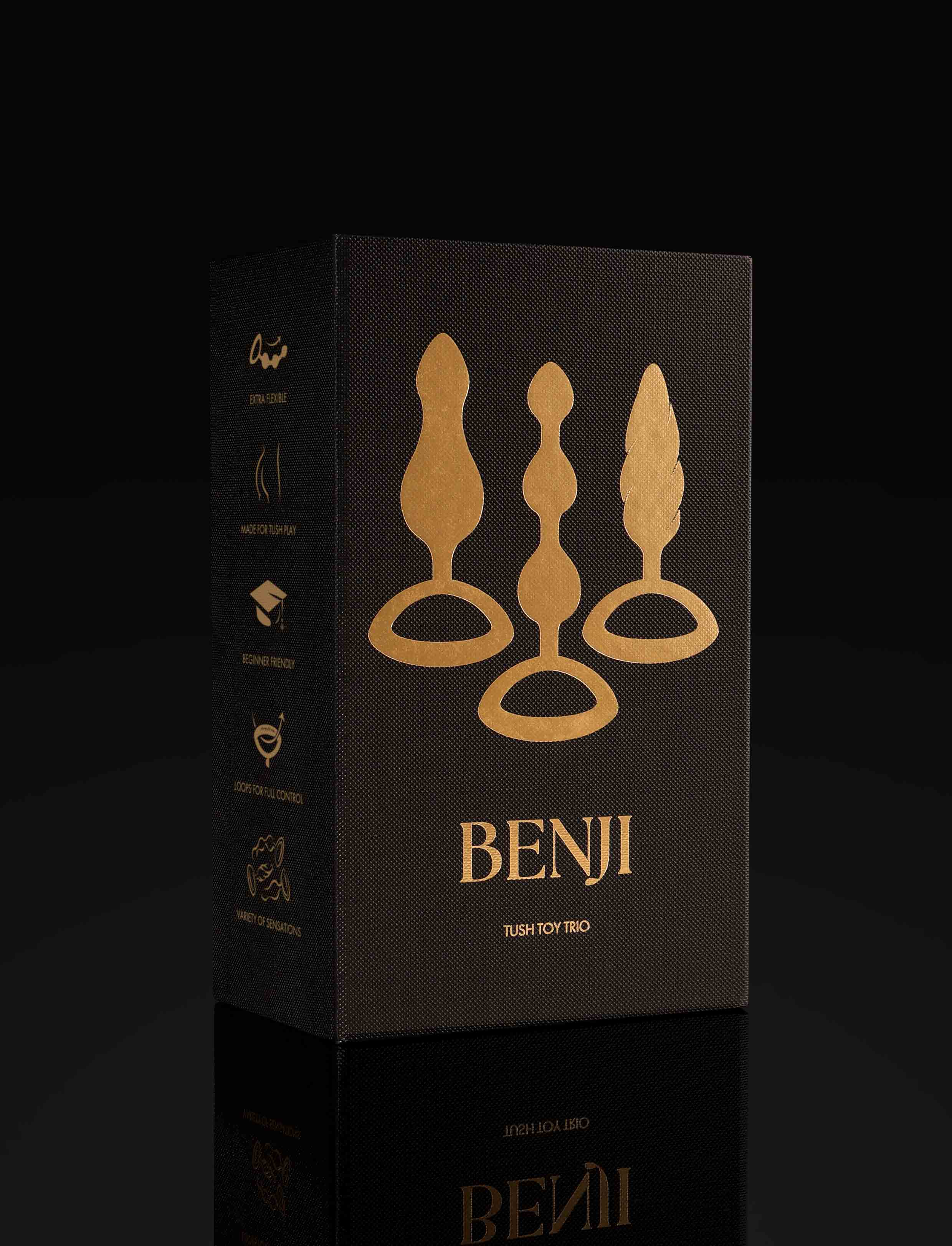 Benji 黑色三件套硅胶后庭玩具，含收纳袋