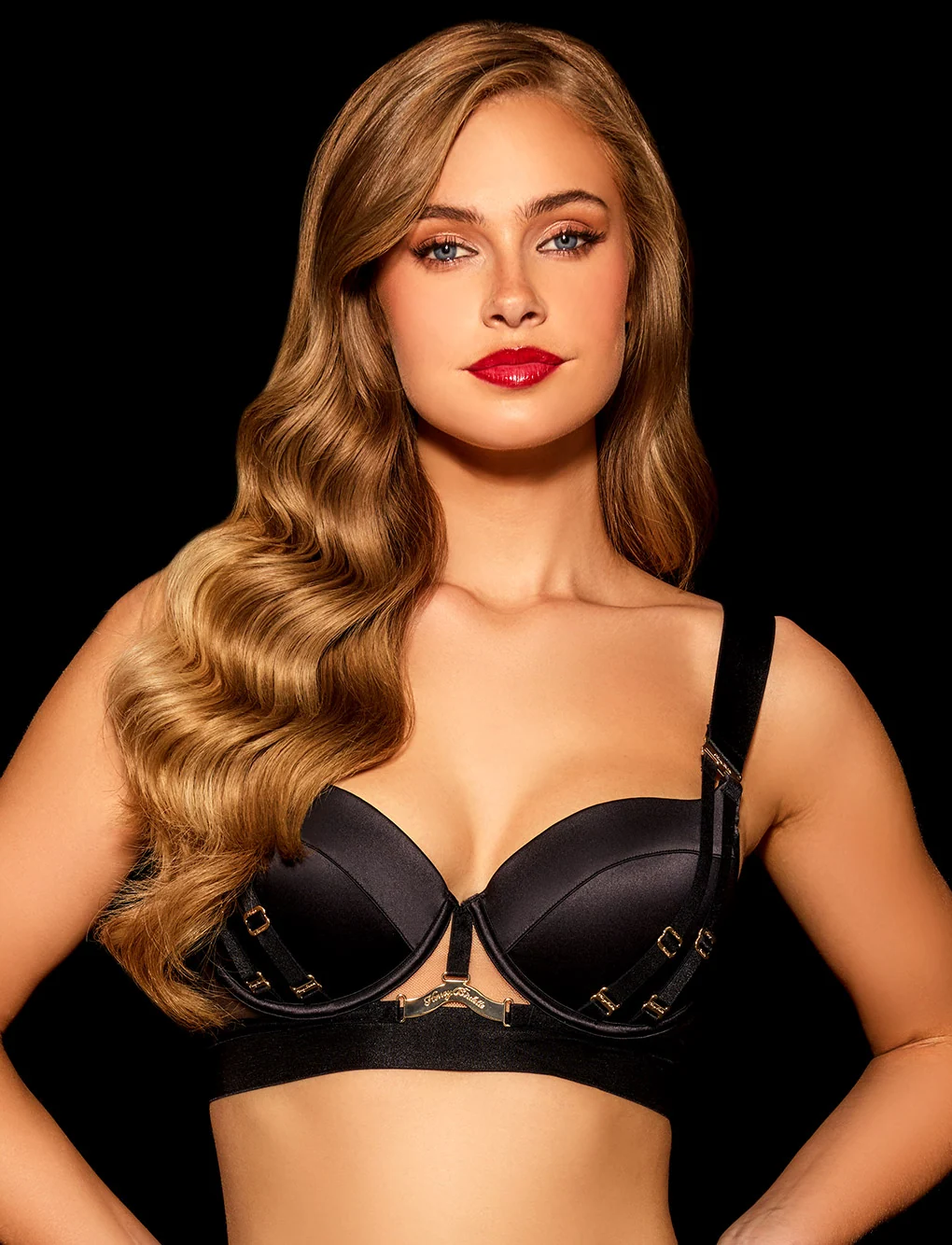 Piper 3 Piece Lingerie Set in Black Satin with Gold Hardware