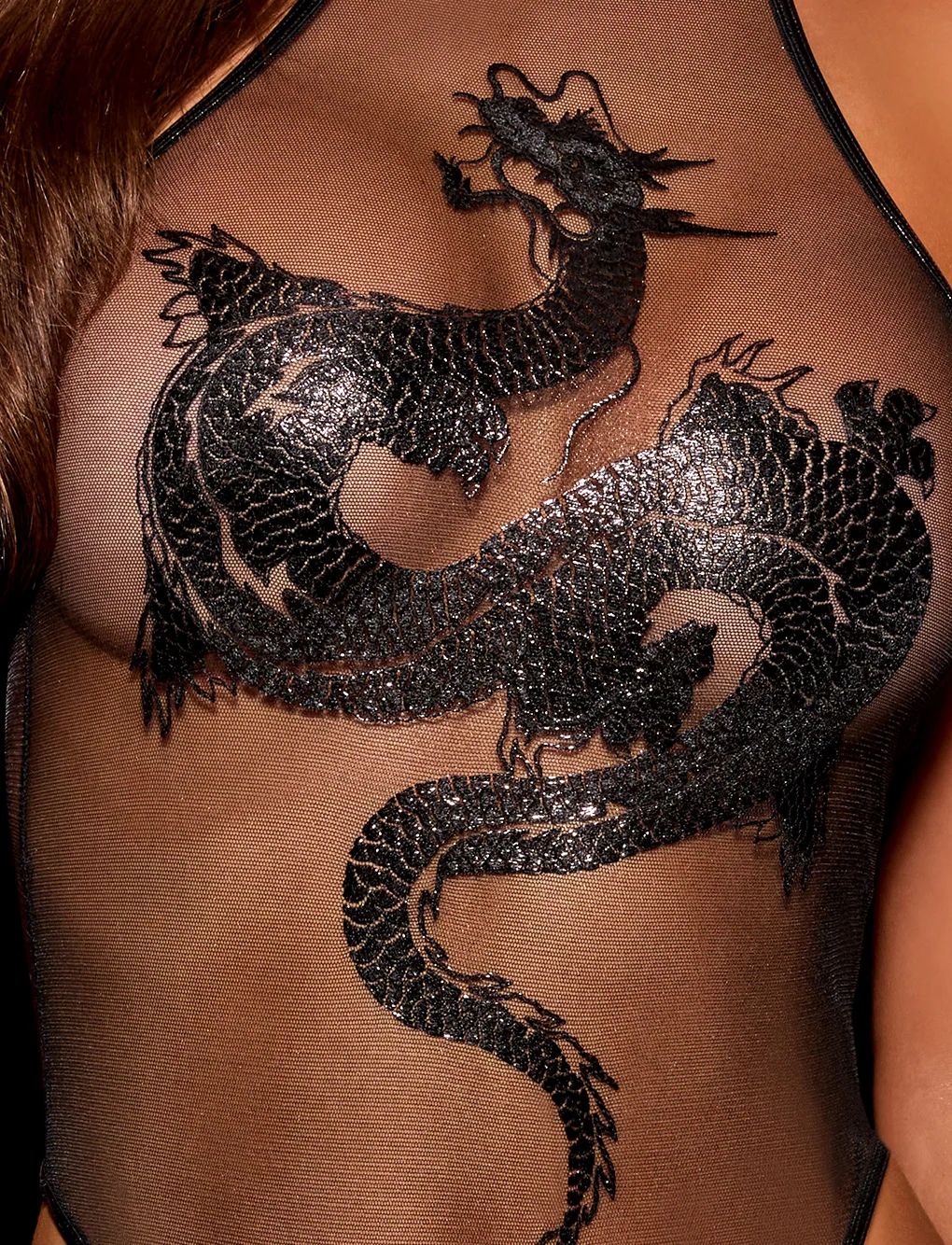 Onyx Dragon Bodysuit in Sheer Black Mesh