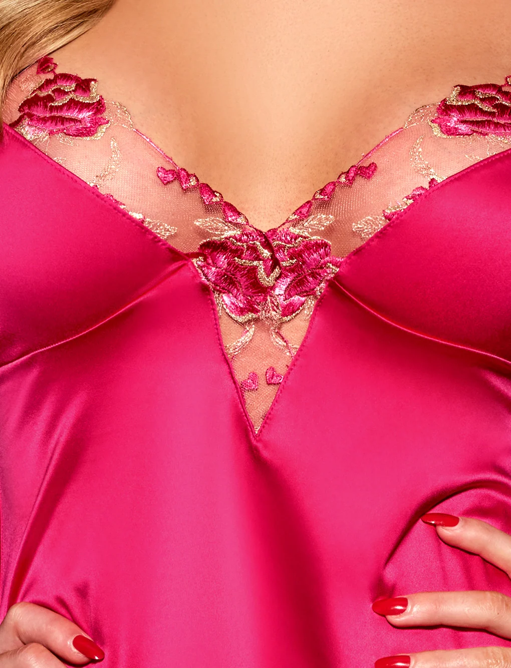 Whitney Love Chemise in Deep Pink Satin with Swiss Embroidery