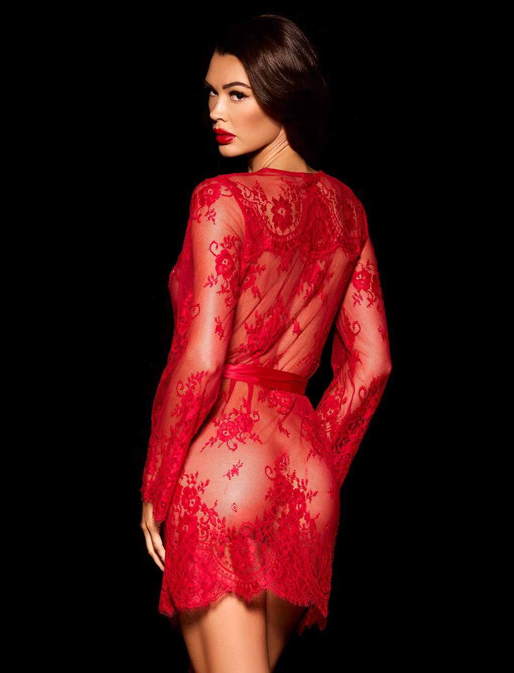 Red Love Lace Robe with Satin Waist Tie