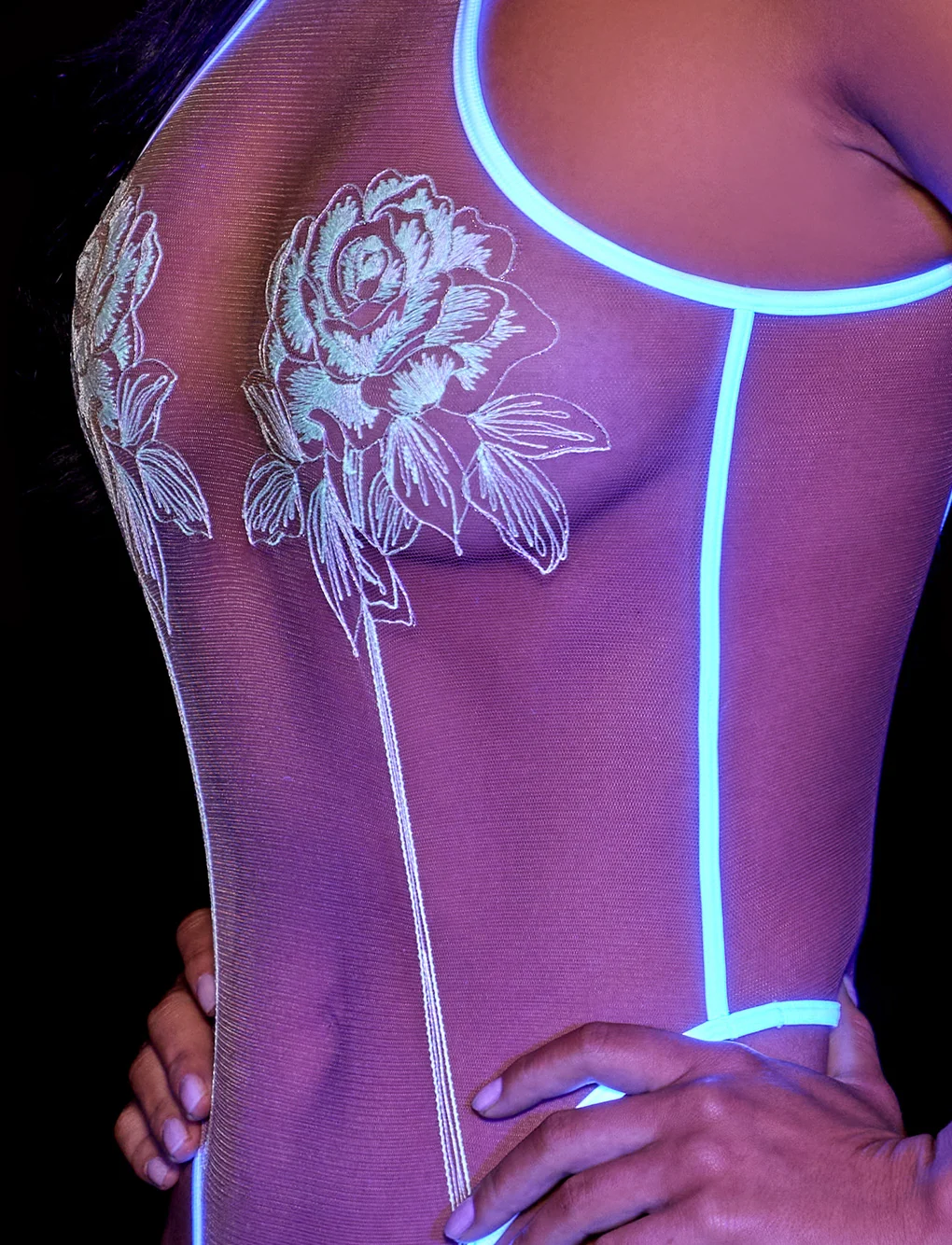 Rosa Glow Sheer Bodysuit with Rose Chain and High Cut Leg