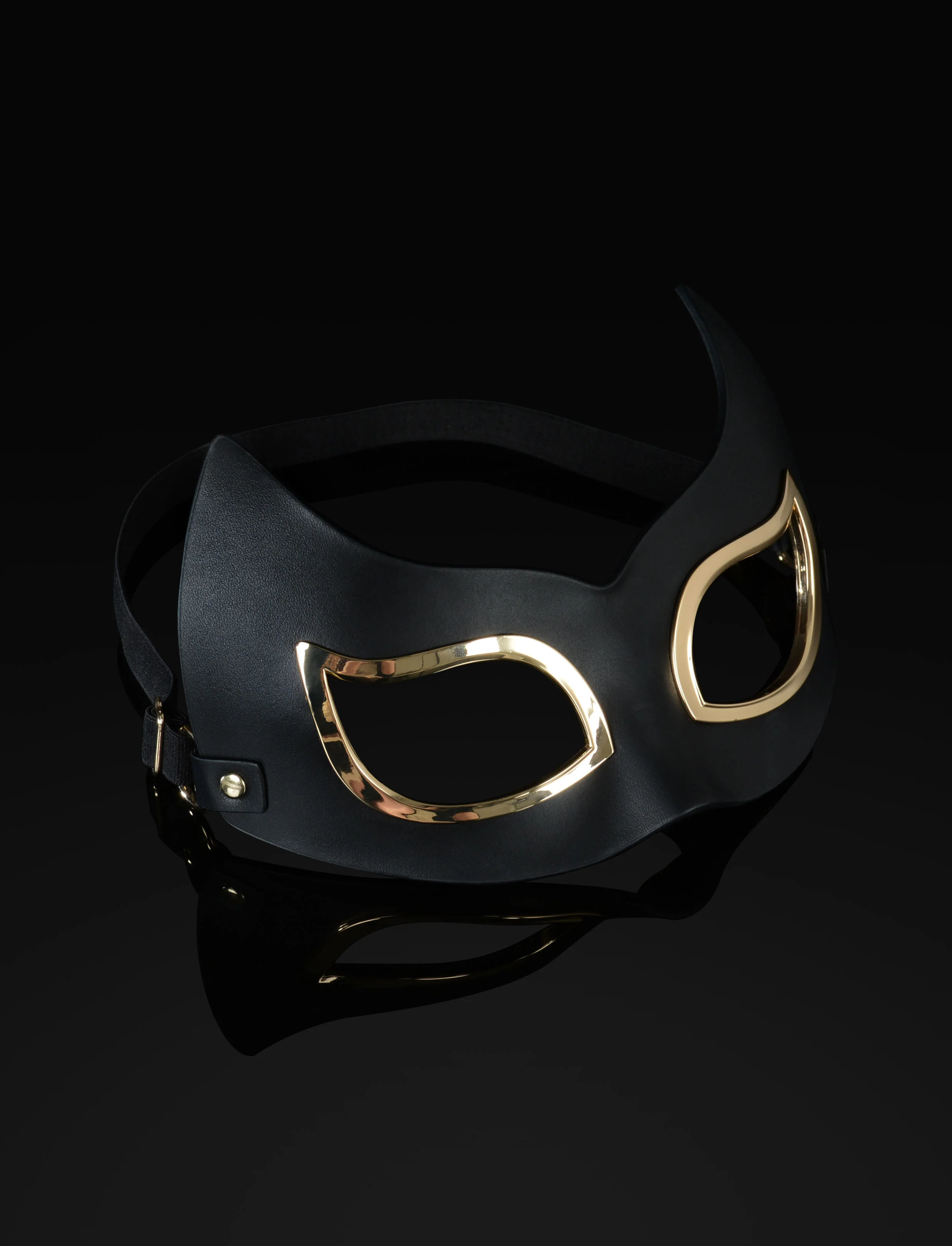 Black Leather Cat Mask with Gold Accents for Roleplay and Pet Play