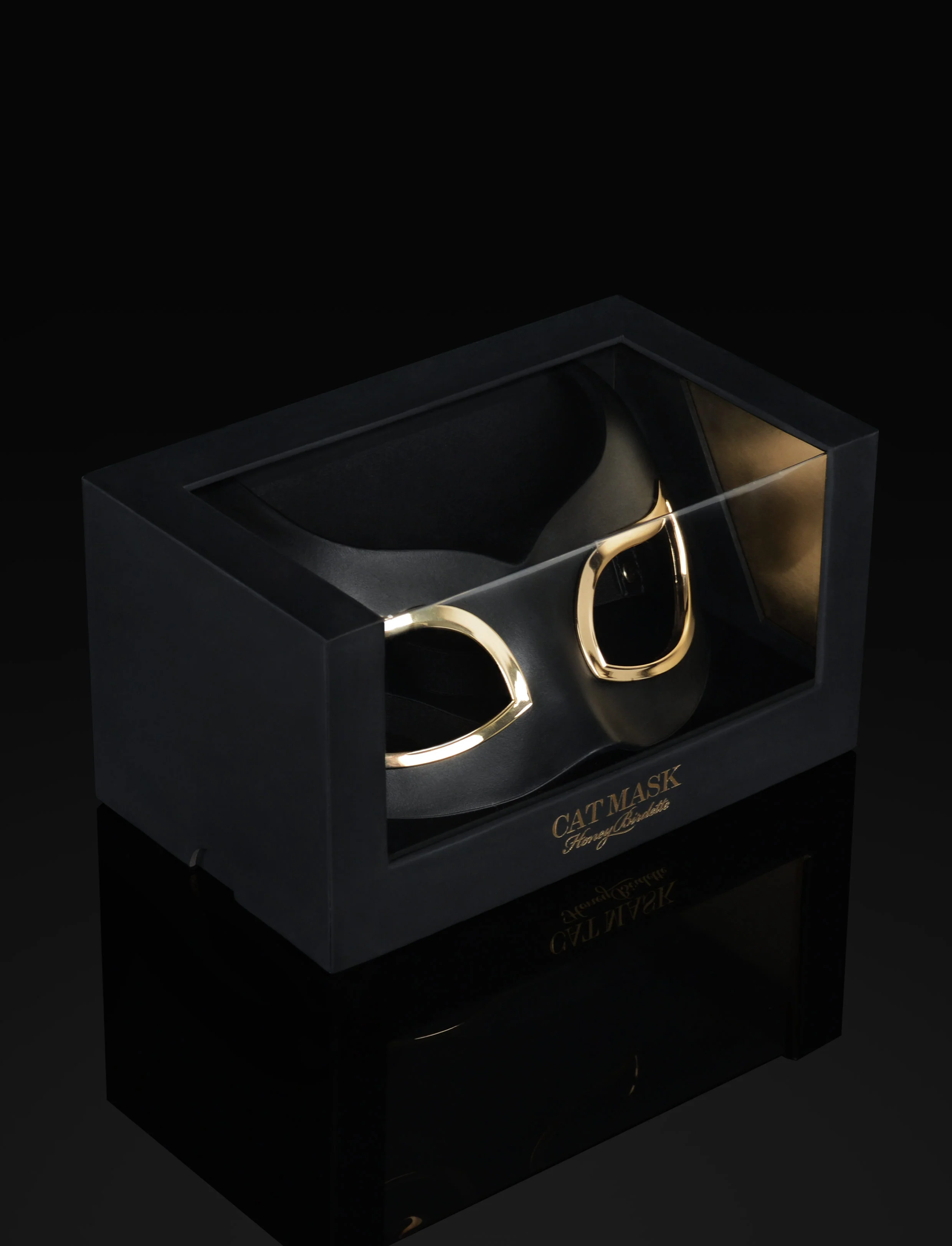 Black Leather Cat Mask with Gold Accents for Roleplay and Pet Play