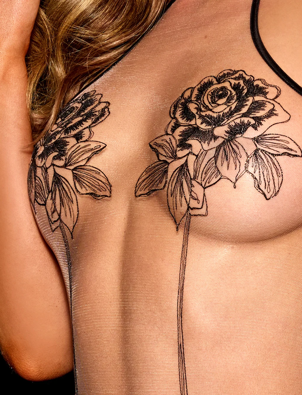Rosa Black Bodysuit with Swiss Rose Embroidery and Chain Back