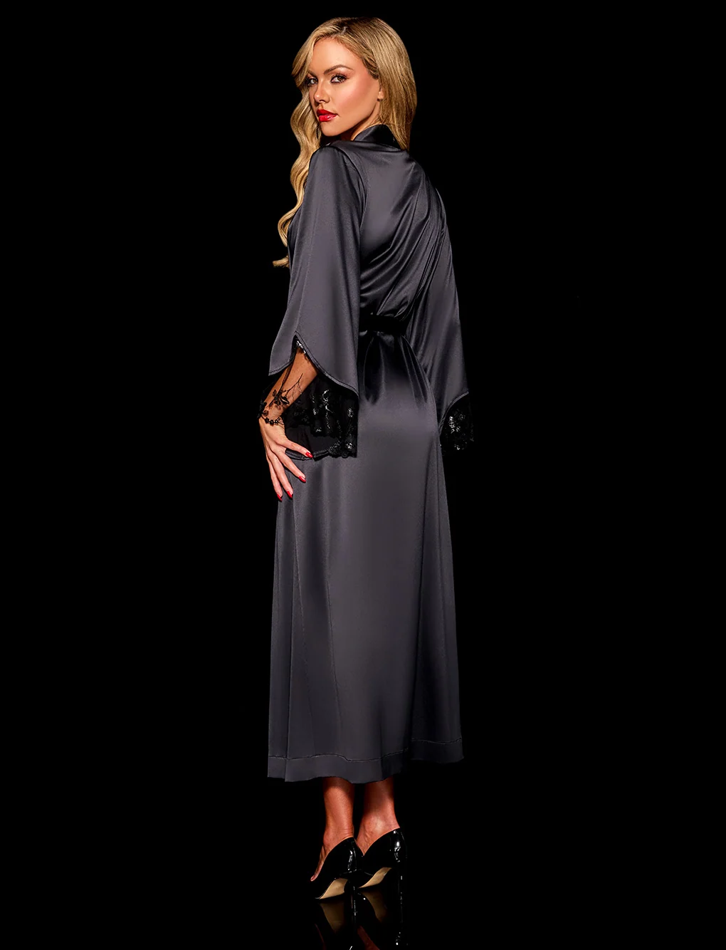 Whitney Black Long Robe: Full-Length Satin with Embroidered Sleeves