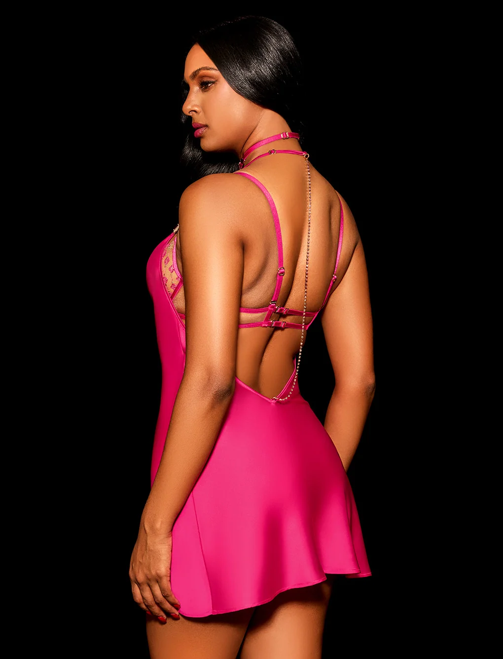 Eliz Hot Pink Satin Chemise with Cowl Neck and Plunging Back
