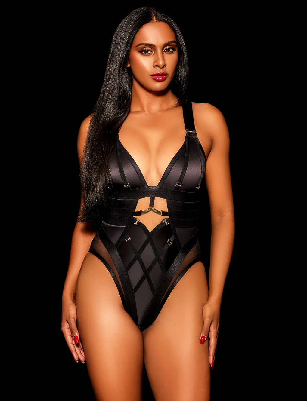 Piper Bodysuit in Black Satin with Gold Zip Back