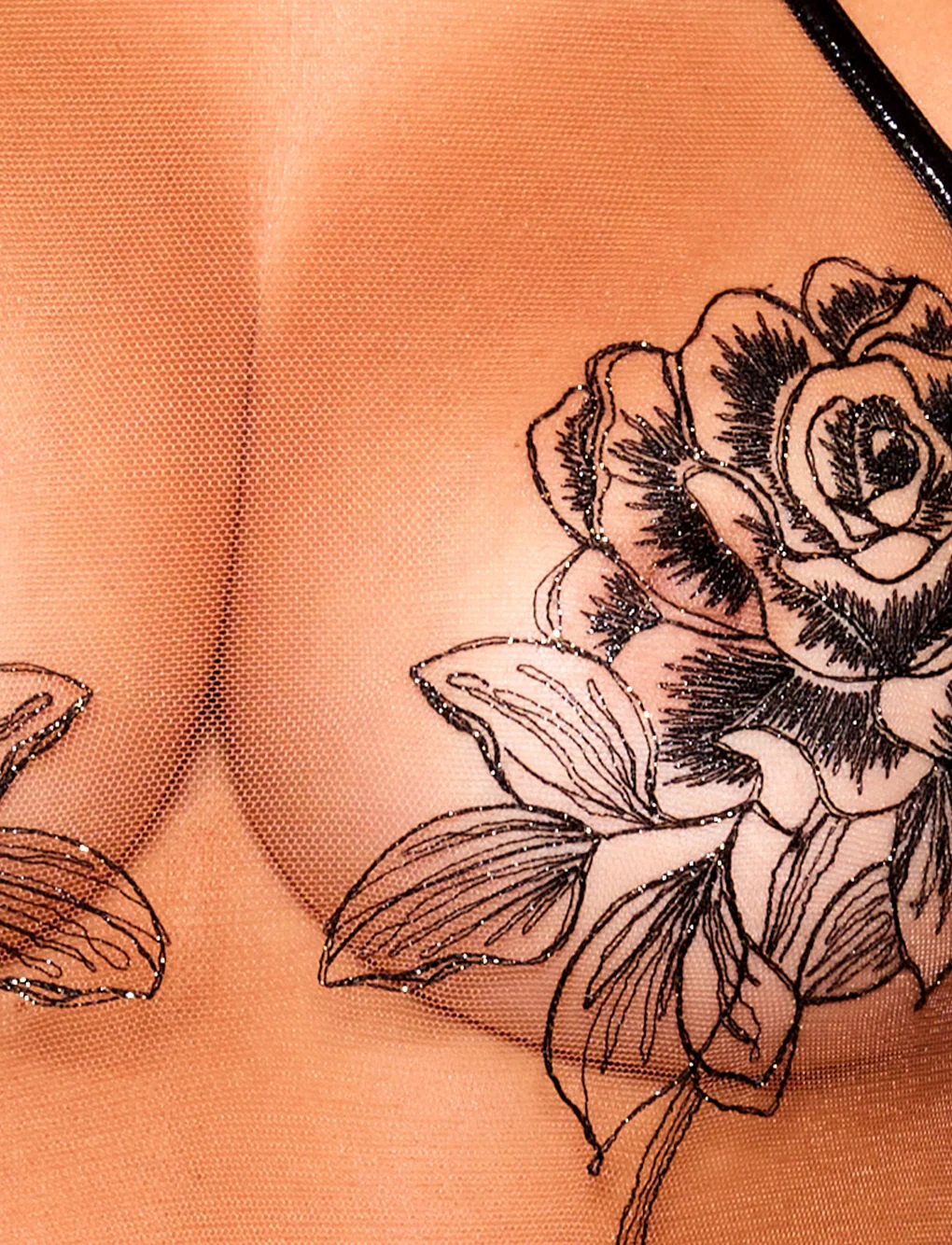 Rosa Black Bodysuit with Swiss Rose Embroidery and Chain Back