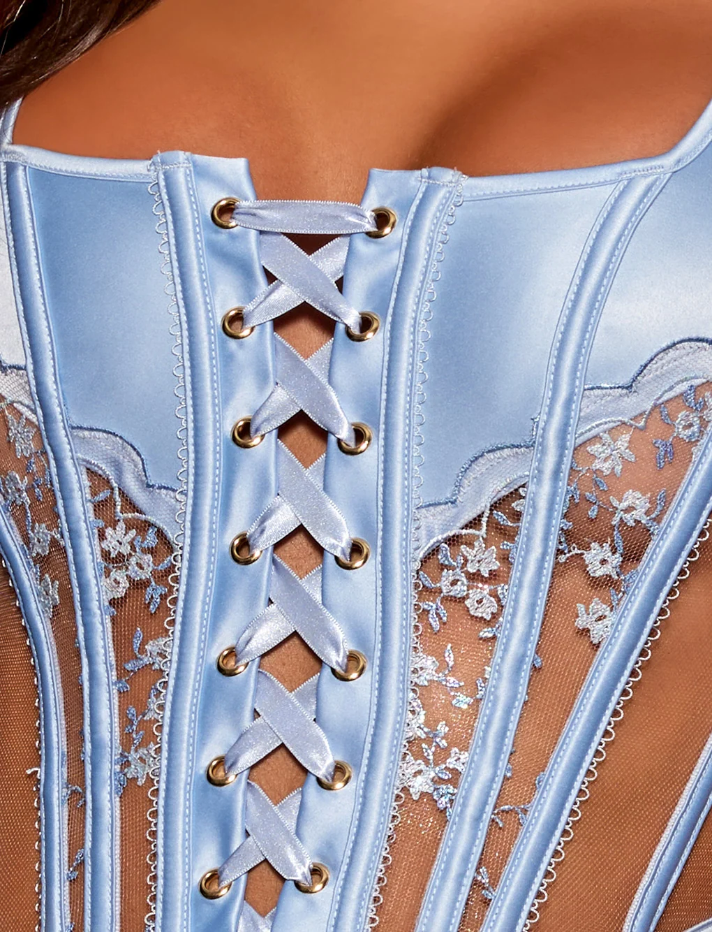 Annalise Corset Top in Sky Blue with Floral Embroidery