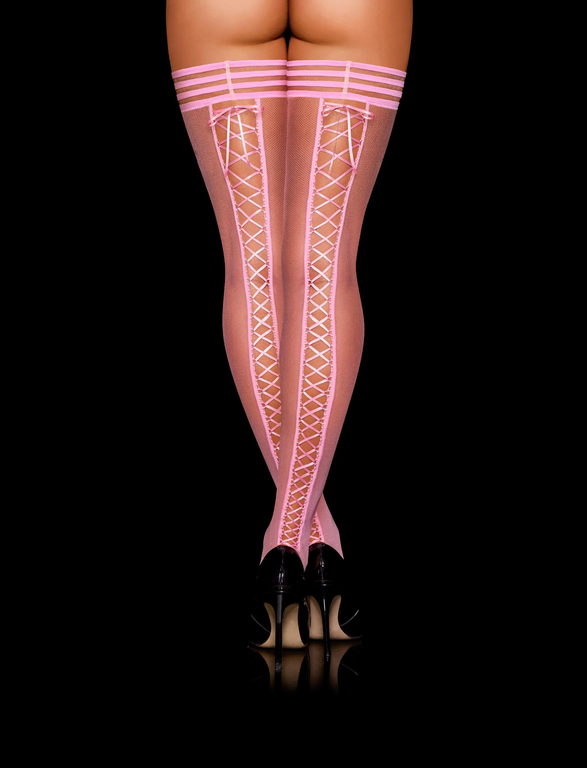 Pink Fishnet Stay Up Stockings with Lace-Up Open Back
