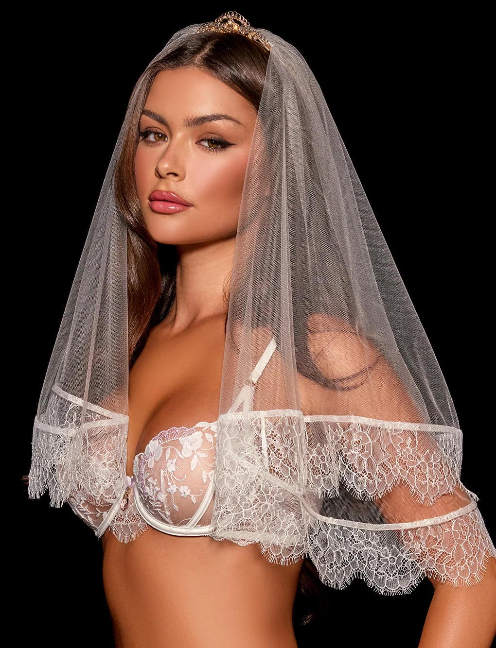Victoriana Bridal Veil with Tiara Headband and Lace Trim