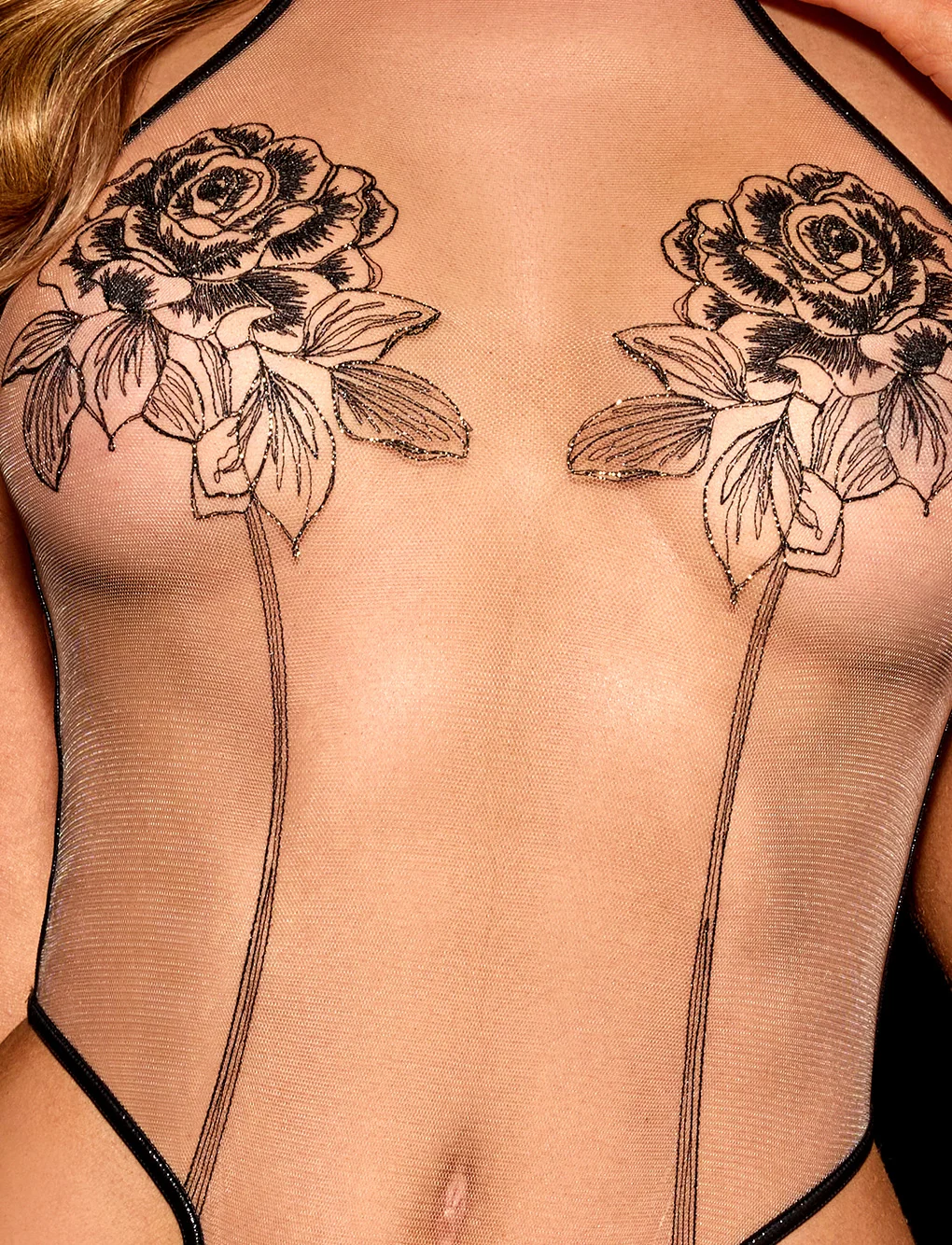 Rosa Black Bodysuit with Swiss Rose Embroidery and Chain Back