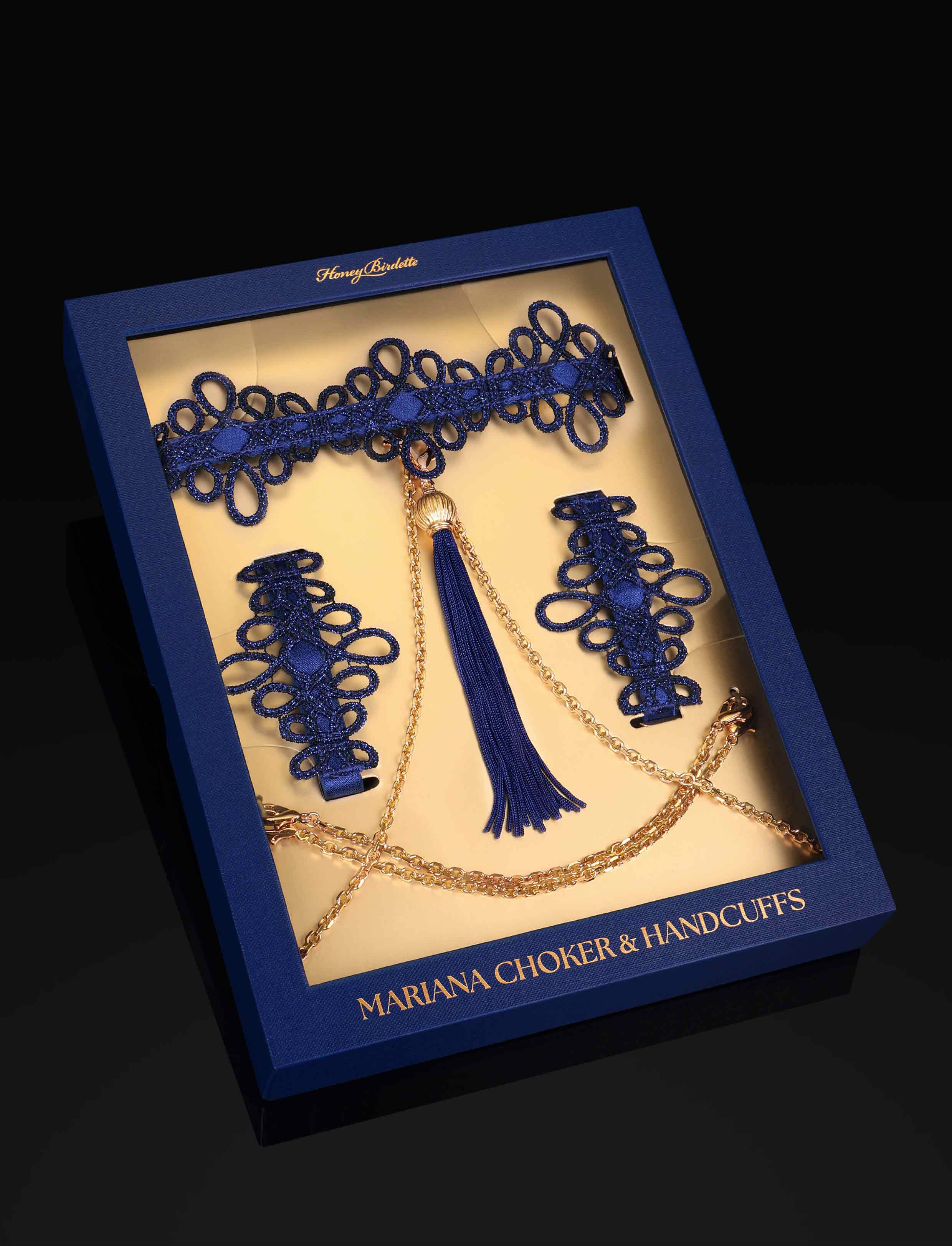 Mariana Choker and Cuffs Set in Navy Venetian Lace