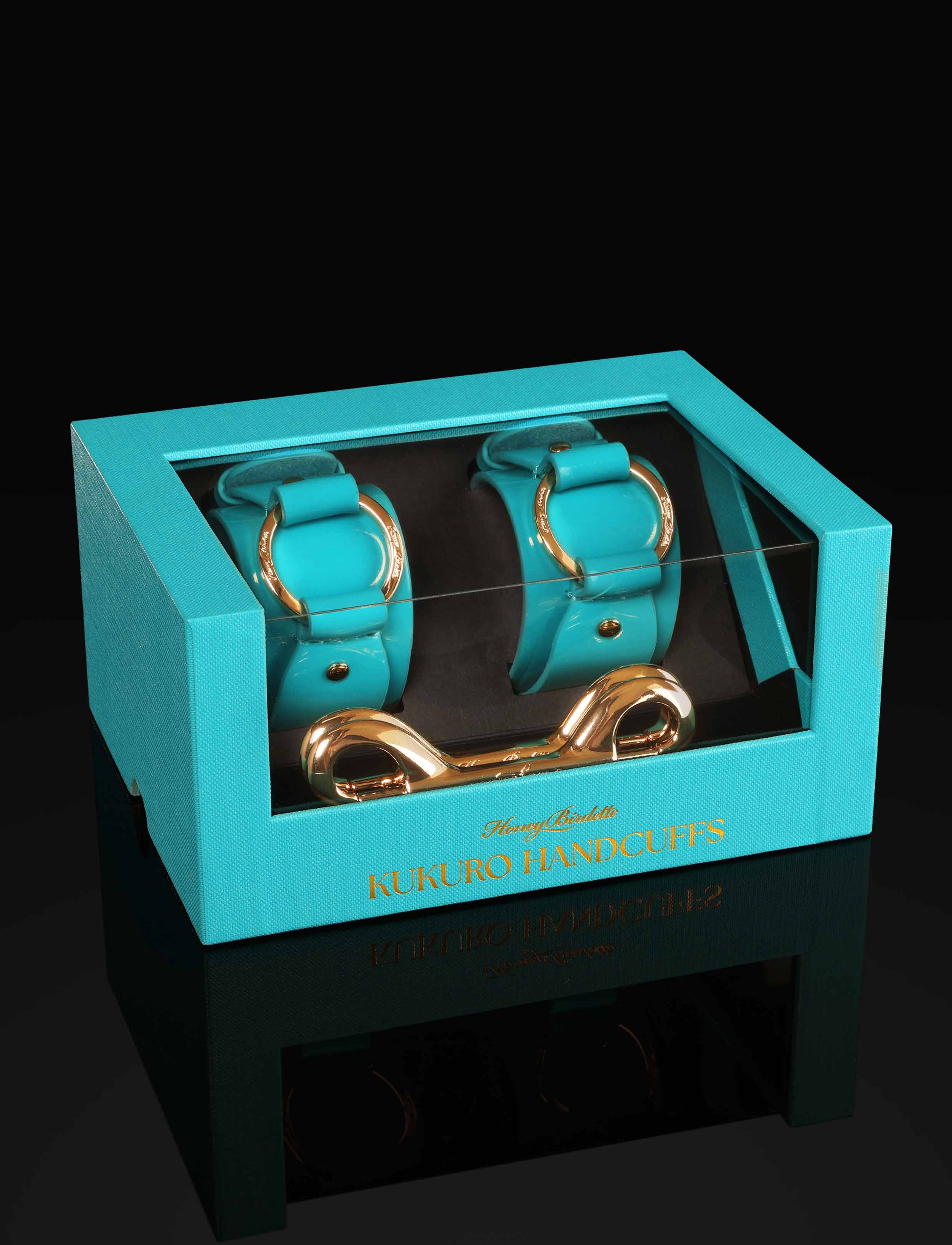 Kukuro Ocean Bondage Cuffs in Blue Patent Leather