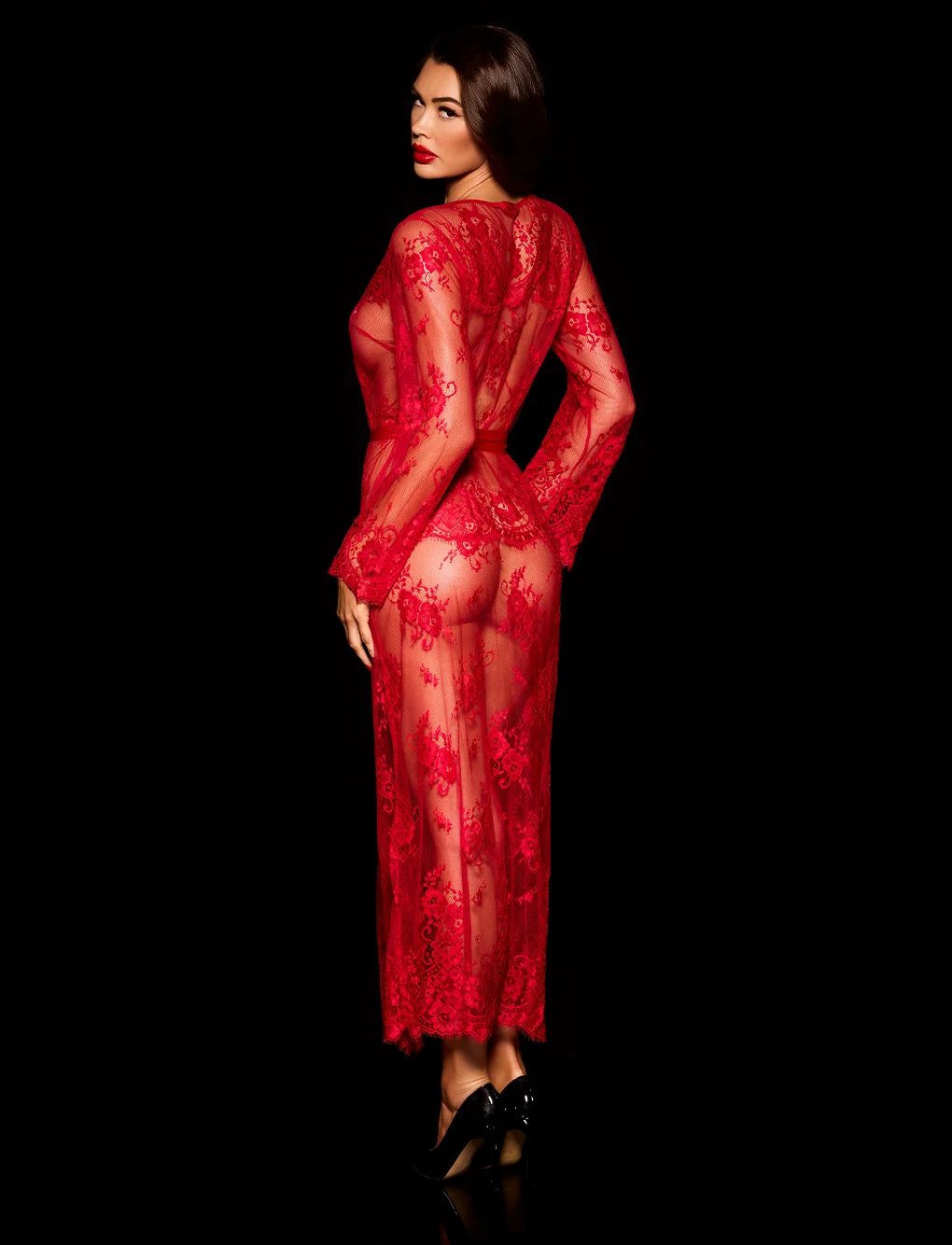 Red Love Lace Full Length Robe with Eyelash Lace and Satin Waist Tie